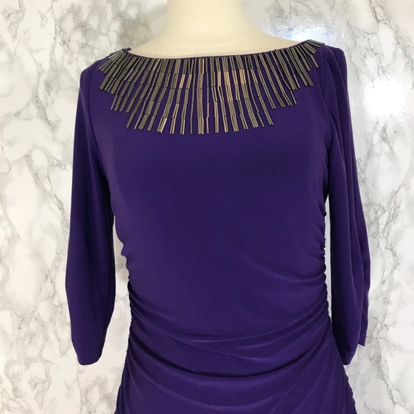 Plum Adrianna Papell Dress - 2P - Beaded Neckline - Picture 3 of 6